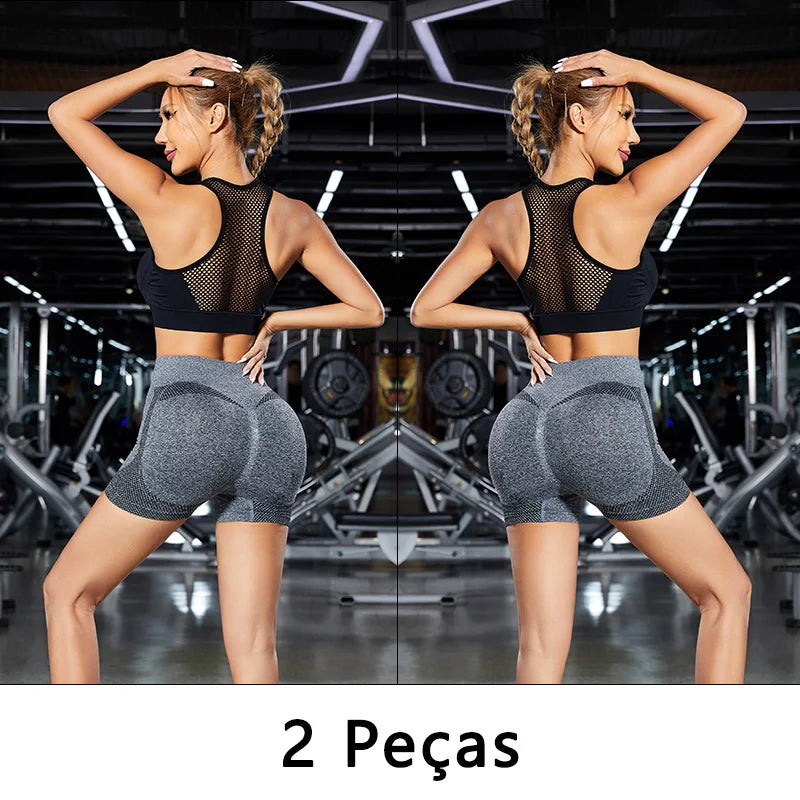 2 peças, Short esportivo feminino，Academia short，Calças Femininas de Ioga Com Controle de Barriga E bumbum