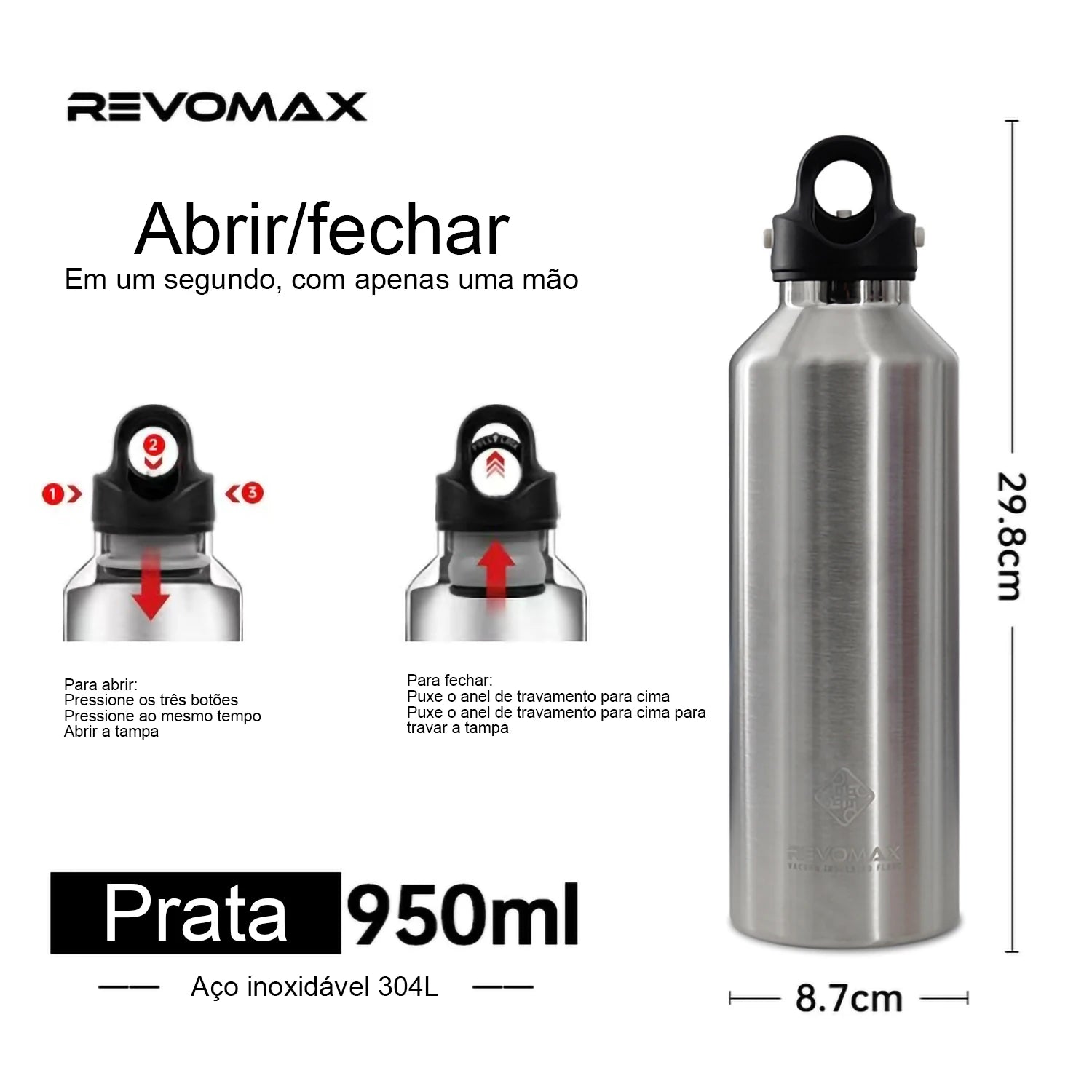 REVOMAX Garrafa Térmica de Agua Vácuo Aço Inoxidável，Sem Parafuso Abertura Com Uma Mão, 950ml