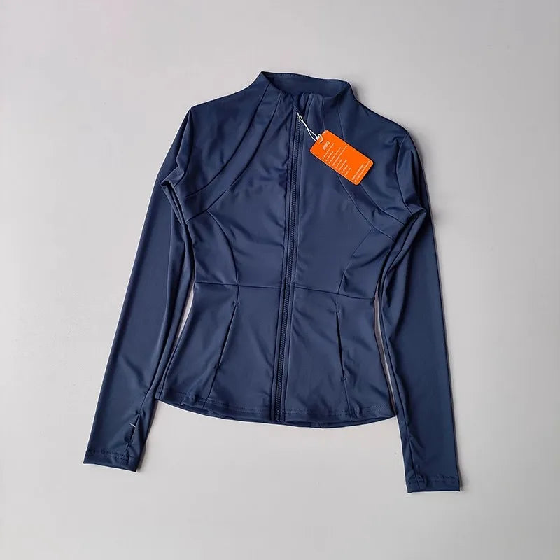 Jaqueta de fitness de yoga feminina, jaqueta profissional de secagem rápida de ajuste fino, corrida de emagrecimento esportes manga comprida terno de yoga topo