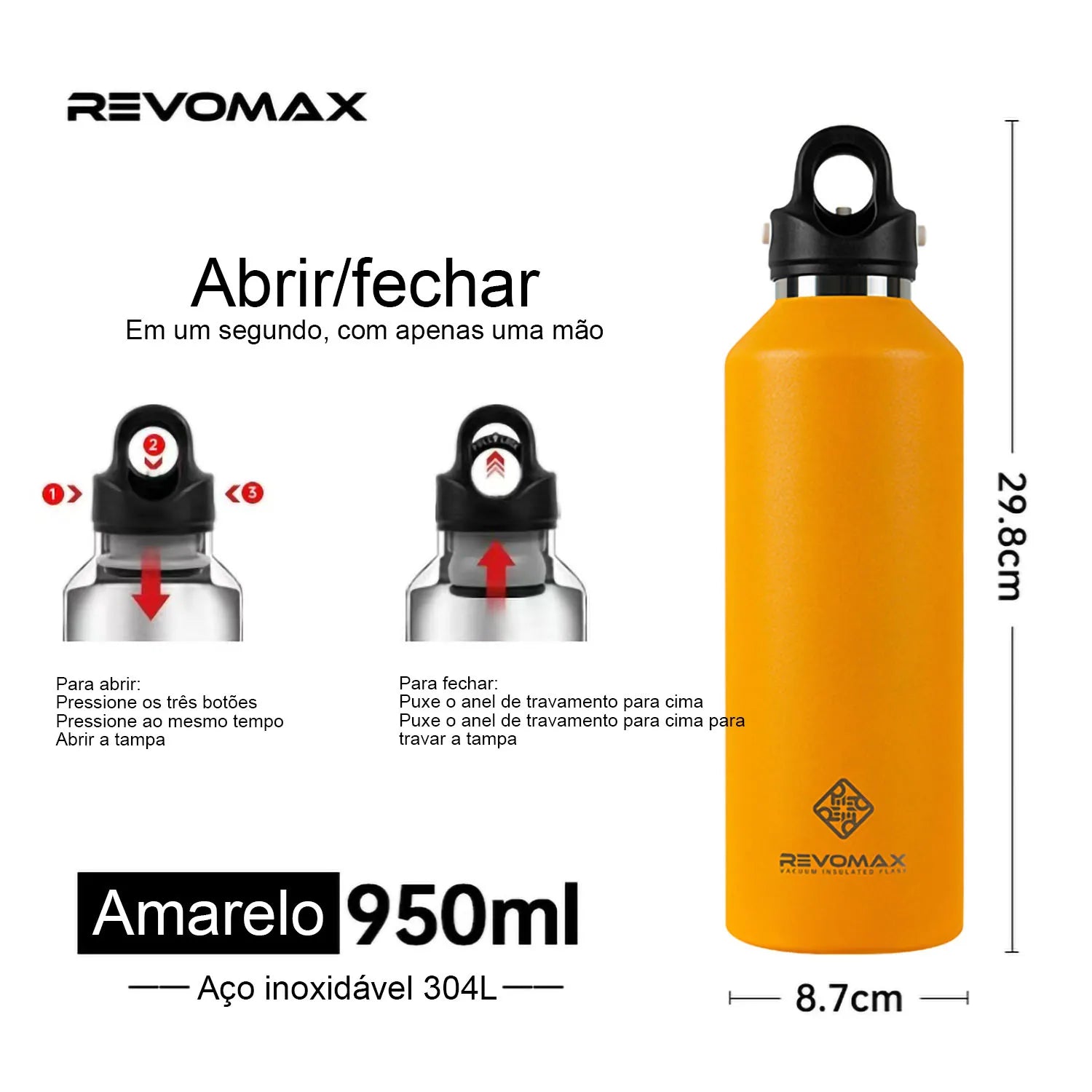 REVOMAX Garrafa Térmica de Agua Vácuo Aço Inoxidável，Sem Parafuso Abertura Com Uma Mão, 950ml
