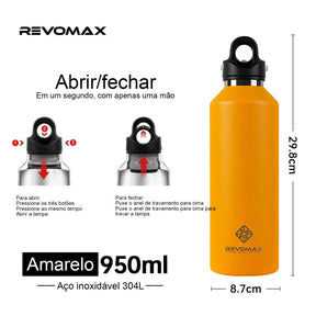 REVOMAX Garrafa Térmica de Agua Vácuo Aço Inoxidável，Sem Parafuso Abertura Com Uma Mão, 950ml