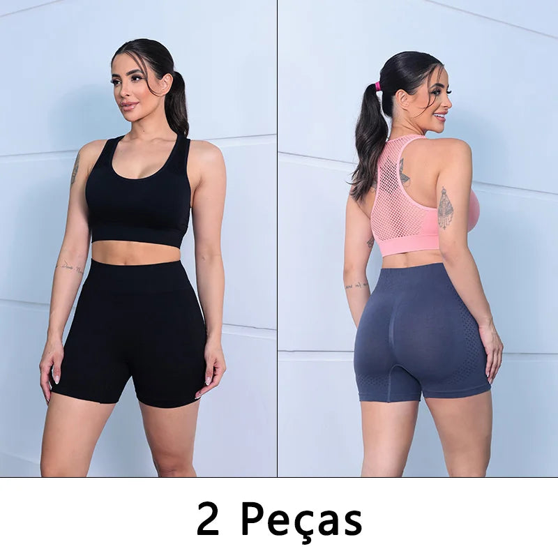 2 peças, Short esportivo feminino，Academia short，Calças Femininas de Ioga Com Controle de Barriga E bumbum