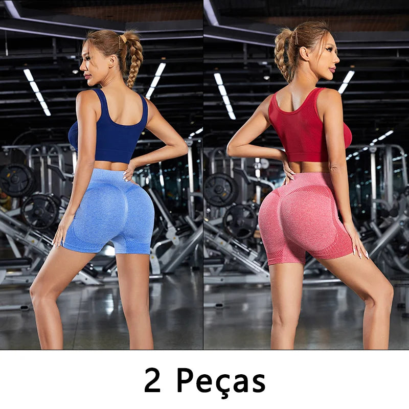 2 peças, Short esportivo feminino，Academia short，Calças Femininas de Ioga Com Controle de Barriga E bumbum