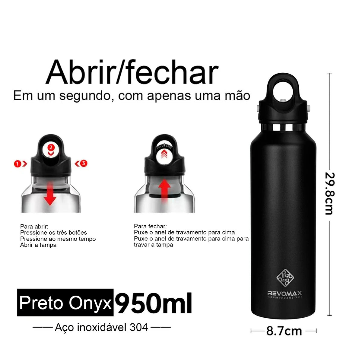 REVOMAX Garrafa Térmica de Agua Vácuo Aço Inoxidável，Sem Parafuso Abertura Com Uma Mão, 950ml