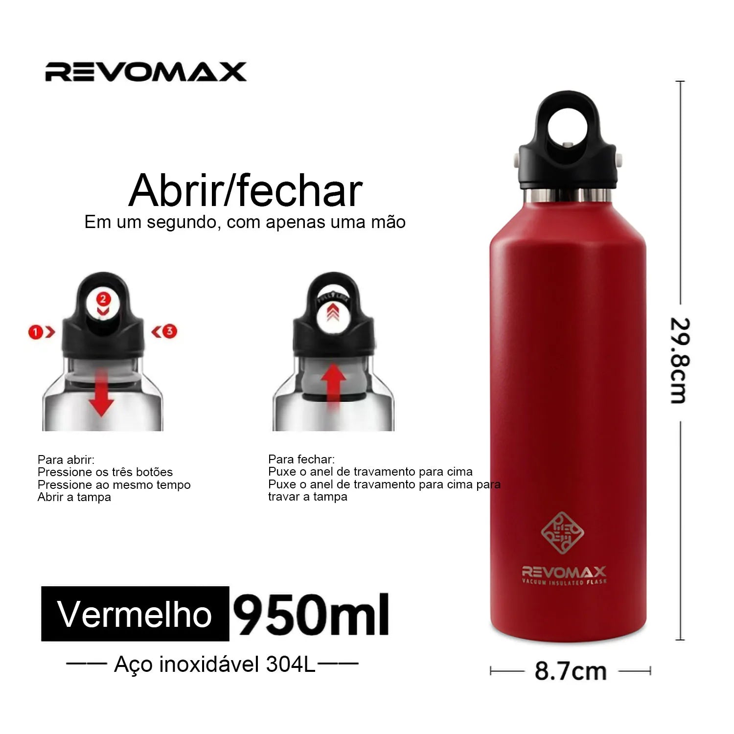 REVOMAX Garrafa Térmica de Agua Vácuo Aço Inoxidável，Sem Parafuso Abertura Com Uma Mão, 950ml