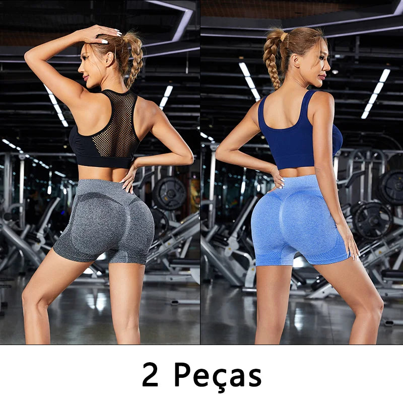 2 peças, Short esportivo feminino，Academia short，Calças Femininas de Ioga Com Controle de Barriga E bumbum