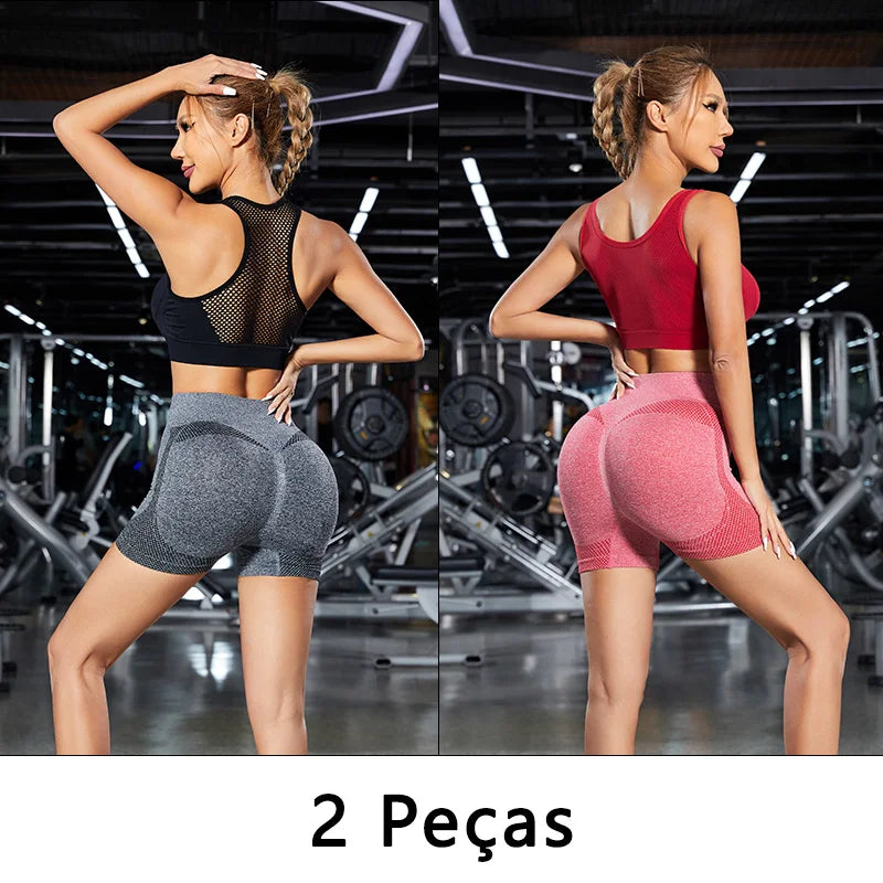 2 peças, Short esportivo feminino，Academia short，Calças Femininas de Ioga Com Controle de Barriga E bumbum