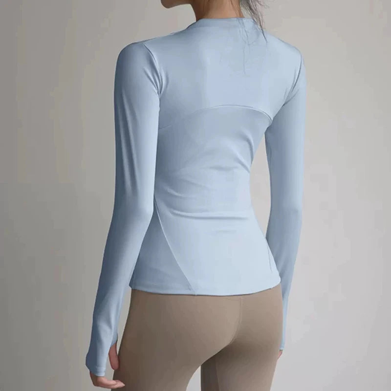 Jaqueta de fitness de yoga feminina, jaqueta profissional de secagem rápida de ajuste fino, corrida de emagrecimento esportes manga comprida terno de yoga topo