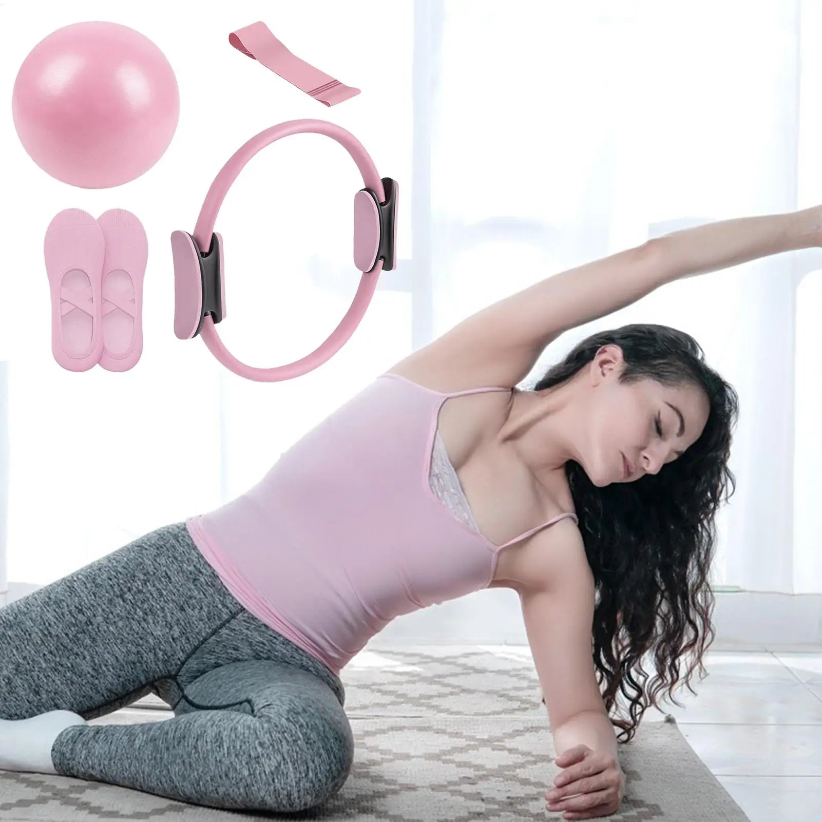 Novo conjunto de bola e anel de pilates, anel de fitness para pilates, faixa de resistência, equipamento fitness para gravidez pós-parto