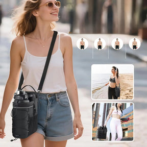 bolsa crossbody com base magnética que segura sua garrafa, celular e mais — enquanto você foca no treino.