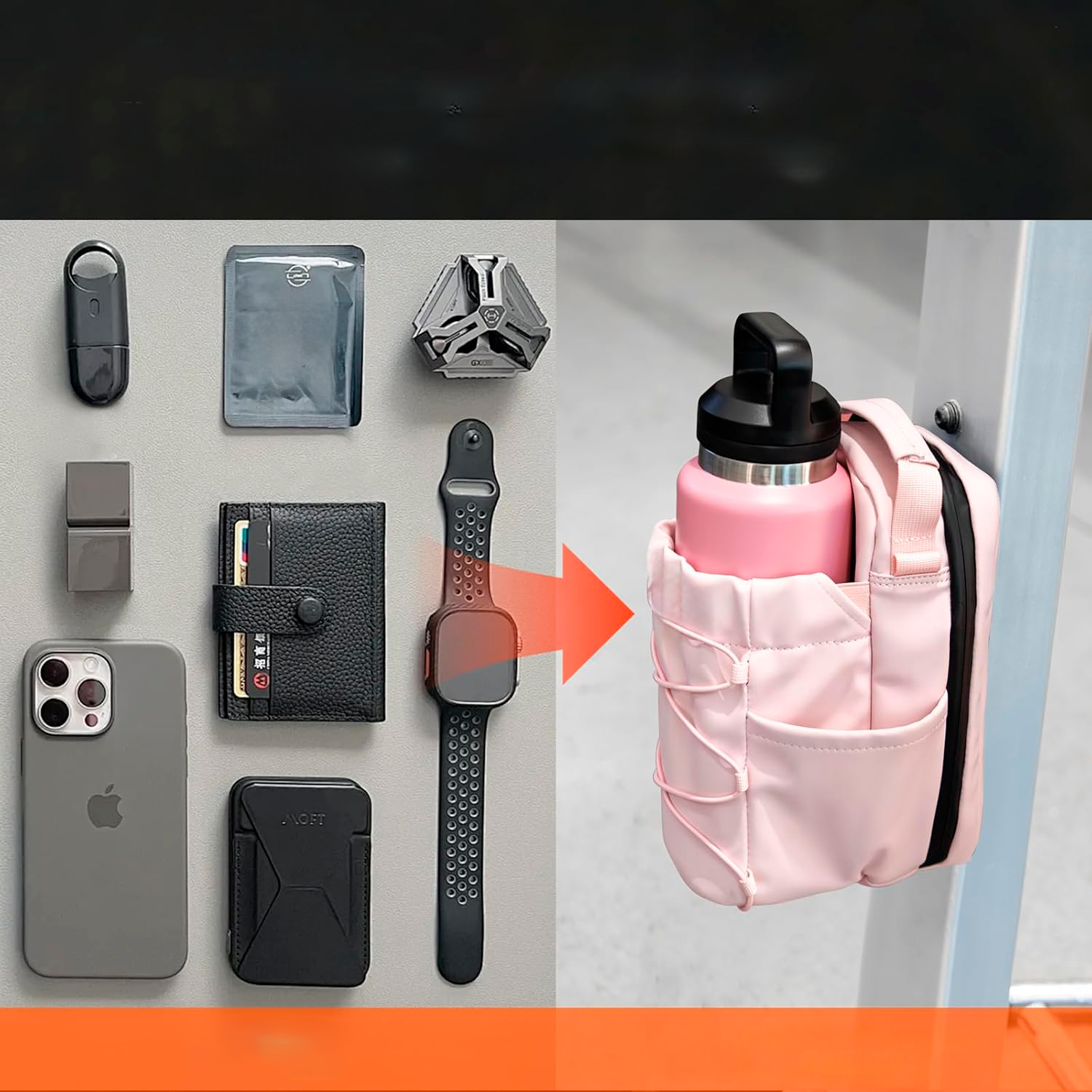 bolsa crossbody com base magnética que segura sua garrafa, celular e mais — enquanto você foca no treino.