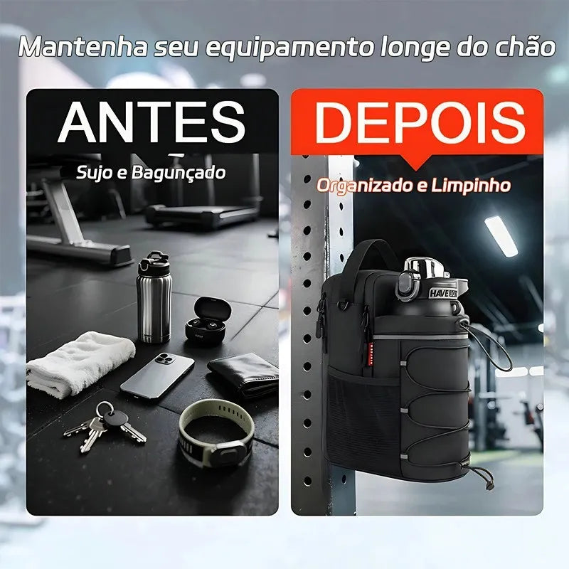 bolsa crossbody com base magnética que segura sua garrafa, celular e mais — enquanto você foca no treino.